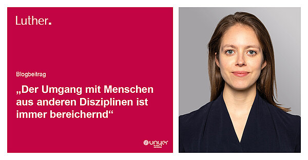 Abbildung zeigt eine junge Frau mit langen, braunen Haaren, die in die Kamera lächelt. Neben ihr steht der Text: „Der Umgang mit Menschen aus anderen Disziplinen ist immer bereichernd“. Der Hintergrund ist grau, und das Logo von Unyer ist sichtbar.