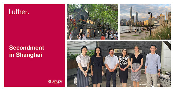 Bildbeschreibung: Die Grafik zeigt den Titel "Secondment in Shanghai" und drei Fotos. Eins zeigt eine belebte Straße mit historischen Gebäuden, das zweite eine Skyline mit Wolkenkratzern, und das dritte ein Gruppenfoto von fünf Personen, die zufrieden vor einem Gebäude stehen.