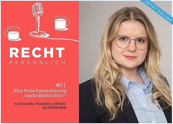 Auf dem Bild sieht man Katharina Franke im Portait neben dem Logo und Titel des Podcasts und dem Zitat "Eine frühe Spezialisierung macht absolut Sinn"