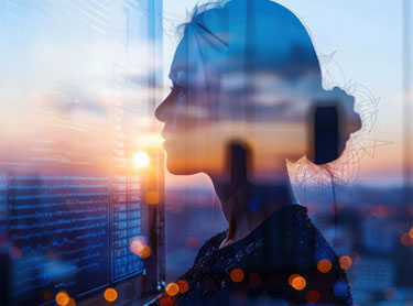 A silhouette of a woman facing a window, with a city skyline and a sunset in the background. The scene conveys a sense of contemplation and innovation, reflecting a blend of technology and beauty.