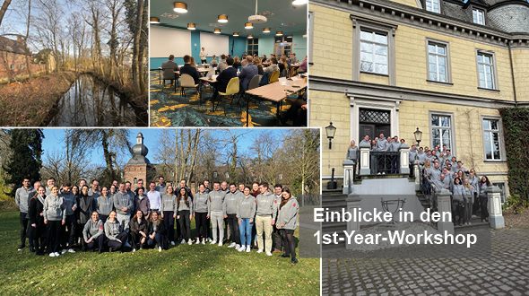 Das Bild zeigt vier Szenen vom 1st-Year-Workshop: eine ruhige Baumlandschaft, eine Gruppenversammlung in einem modernen Raum, das Außenansicht eines historischen Gebäudes und eine große Gruppe von Teilnehmenden, die gemeinsam vor der Fassade posieren.