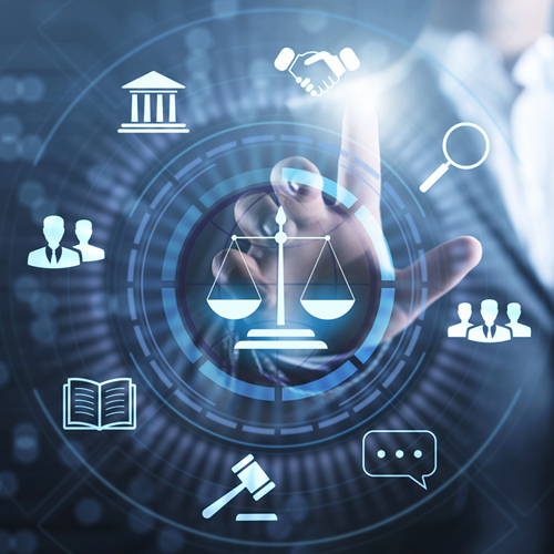 A person reaches out to interact with a digital interface displaying icons related to law and justice, including scales, a gavel, a handshake, a magnifying glass, a book, and speech bubbles, symbolizing legal services and collaboration.